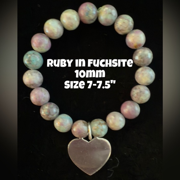 Authentic Ruby in Fuchsite 10mm Beaded Bracelet with Sterling Silver Heart Charm - Picture 1 of 3